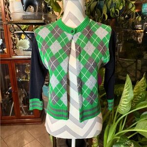 Green Argyle Cardigan Sweater